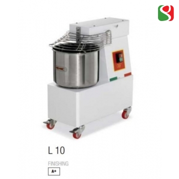 spiral kneaders to make pizza dough - dimensions: 300mm (width) x 550mm (length) x 320mm (height); 230-400/50 V/Hz, power 0,5 Hp, weight of mix 8 Kg, volume of mix 10 Lt, weight of the machine 41 ca. Kg
