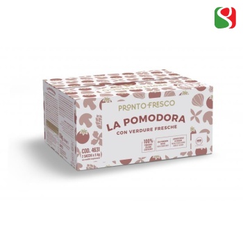 “La Pomodora” 10 kg (5 kg + 5 kg) - Sauce made with pieces of fresh tomato 100% Italian, enhanced with fresh vegetables (carrot, onion, celery) and basil - Ideal for BOLOGNESE sauce, first course dishes, pizzas, sauces, stews. - 5kg + 5kg Aluminum bags